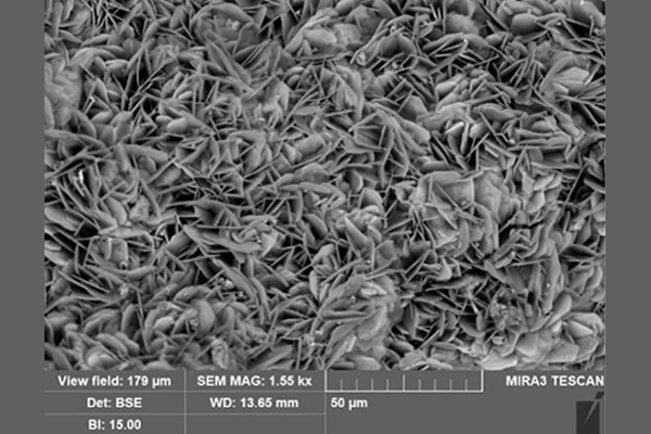 Scanning Electron Microscope photo of a rusted steel pipe, magnified 1,550 times.