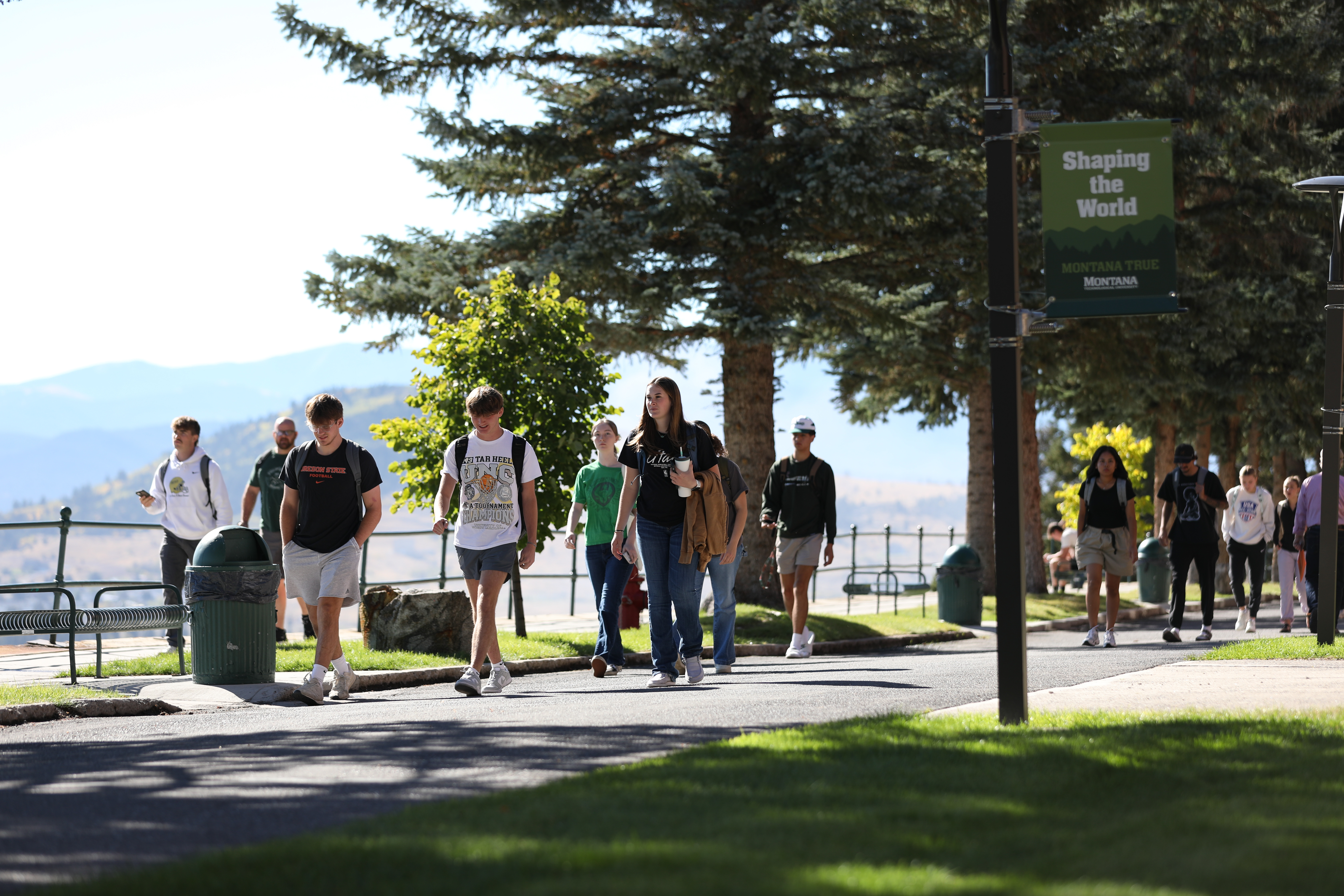 students walk on campus. 