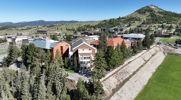 !Aerial shot of campus